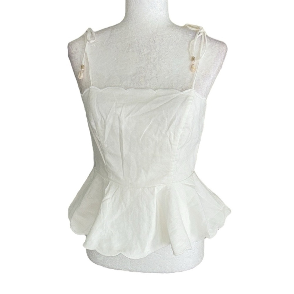 NWT House of Harlow White Linen Tie Shoulder Shell Detail Scalloped Peplum Top 6